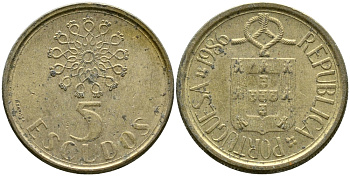 ПОРТУГАЛИЯ 5 ЭСКУДО 1986 KM 632 никель латунь 4388-454