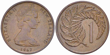 Новая Зеландия 1 цент 1967 Елизавета II (1952-2022), лист папоротника KM 31.1 бронза 105-544