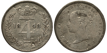 Великобритания 4 пенса 1848 Виктория (1837-1901) KM 732, Spink 3916 серебро 1515-2233