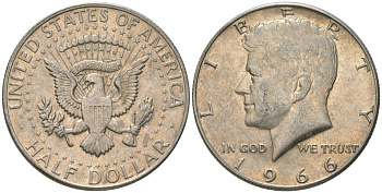 США 1/2 доллара (50 центов) 1966 Джон Кеннеди KM 202a серебро 221-1015