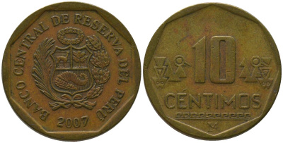 Перу 10 сентимо 2007 LIMA KM 305.4, Schon 104 латунь 4543-911