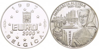 БЕЛЬГИЯ 10 ЕВРО 1997 МАРГАРЕТ АВСТРИЙСКАЯ (1480-1530) И КАРЛ V серебро PROOF 1068-4-42