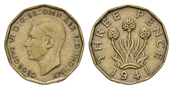 Великобритания 3 пенса 1941 Георг VI (1936-1952) KM 849, Spink 4112 никель латунь 92-1251