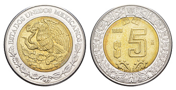 Мексика 5 песо 1998 Mo KM 605 биметалл UNC 4637-651