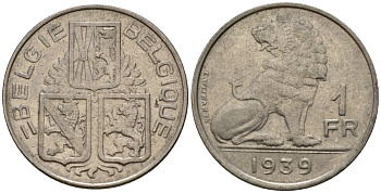 Бельгия 1 франк 1939 Belgie - Belgique KM 120 никель 4603-1253