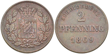 Бавария 2 пфеннига 1869 Людвиг II (1864-1886) KM 478 медь 202-253