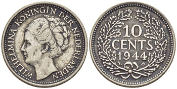 Нидерланды 10 центов 1944 Вильгельмина (1890-1948) KM 163 серебро 66-1235