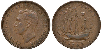 Великобритания 1/2 пенни 1943 Георг VI (1936-1952) KM 844, Spink 4115 бронза 4163-552
