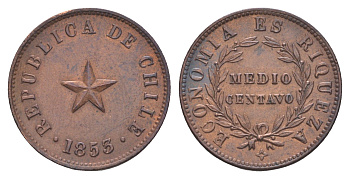 Чили 1/2 сентаво 1853 KM 126 медь 413-434
