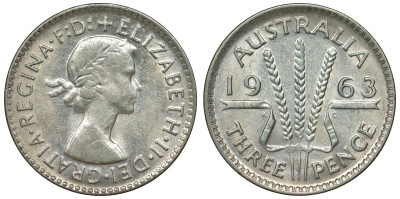 Австралия 3 пенса 1963 m, Елизавета II (1952-2022) KM 57 серебро 71-929