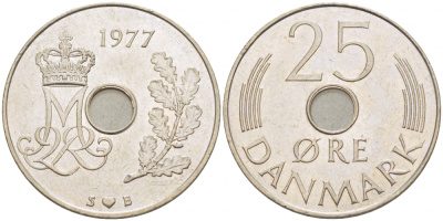 ДАНИЯ 25 ЭРЕ 1977 S; B, МАРГРЕТЕ II (1972-) KM 861.1 медно-никель 3996-936