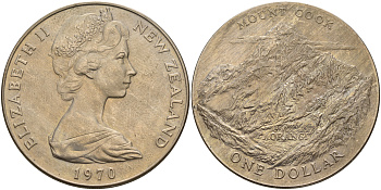 Новая Зеландия 1 доллар 1970 гора Кука, Аораки, Елизавета II (1952-2022) KM 42 медно-никель UNC 118-422