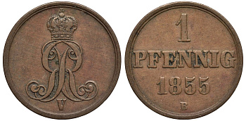 Ганновер 1 пфенниг 1855 B, Георг V KM 221, AKS 155, J. 83 медь 4594-162