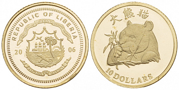 Либерия 10 долларов 2006 панда, 0,73 грамма золото PROOF 00-00