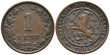 НИДЕРЛАНДЫ 1 ЦЕНТ 1884 KM 107 бронза 100-1245