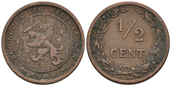 Нидерланды 1/2 цента 1906 Вильгельмина (1890-1948) KM 133 бронза 4576-329