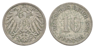 Германия 10 пфеннигов 1893 G KM 12, J. 13 медно-никель 4649-847