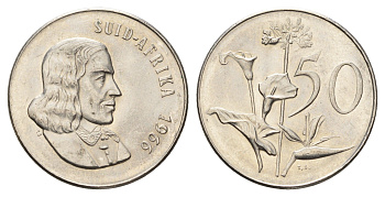 ЮАР 50 центов 1966 Ян ван Рибек (1619-1677), Suid Africa, легенда на африкаанс, Зантедеския Эллиота (калла) KM 70.2 никель 4622-923