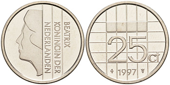 Нидерланды 25 центов 1997 Беатрикс (1980-2013) KM 204 никель UNC 4588-929