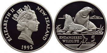 Новая Зеландия 5 долларов 1993 охрана окружающей среды, морские львы KM 89 серебро PROOF 1077-2-22