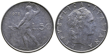 Италия 50 лир 1978 R, бог огня Вулкан у наковальни KM 95.1 нержавеющая сталь    4606-134