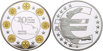НИДЕРЛАНДЫ МЕДАЛЬ 2012 СЕРИЯ 10 ЛЕТ ЕВРО, МАЛЬТА, СЕРЕБРЕНИЕ, ПОЗОЛОТА, ДИАМЕТР 40 ММ., ПОХИЩЕНИЕ ЕВРОПЫ PROOF 1082-6-53