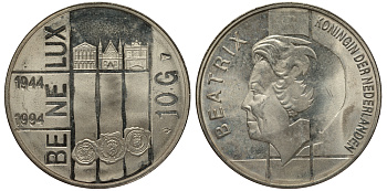 Нидерланды 10 гульденов 1994 50 лет Бе-Ни-Люкс, три здания парламентов KM 216 серебро UNC 413-3925
