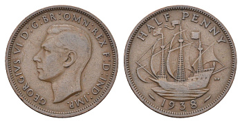 Великобритания 1/2 пенни 1938 Георг VI (1936-1952) KM 844, Spink 4115 бронза    4660-612
