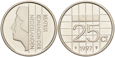 Нидерланды 25 центов 1997 Беатрикс (1980-2013) KM 204 никель UNC 4588-929