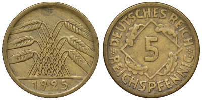 Германия 5 рейхспфеннигов 1925 E KM 39, J. 316 алюминиевая бронза 4124-258