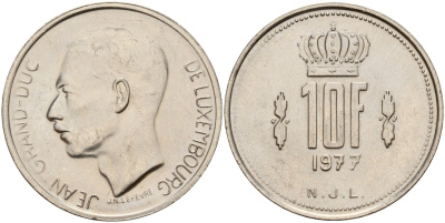 Люксембург 10 франков 1977 Великий герцог Жан (1964-2000) KM 57 никель 4157-424