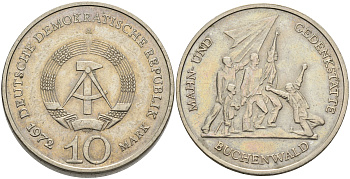 ГДР 10 марок 1972 A, мемориал Бухенвальда KM 38, J. 1539 медно-никель 111-1136