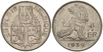 Бельгия 1 франк 1939 Belgie - Belgique KM 120 никель 217-541