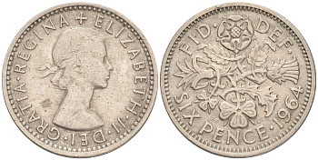 Великобритания 6 пенсов 1964 Елизавета II (1952-2022) KM 903, Spink 4149 медно-никель 192-239