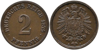 ГЕРМАНИЯ 2 ПФЕННИГА 1875 G, СТАРОГЕРБОВКА KM 2, J.2 медь 179-1056