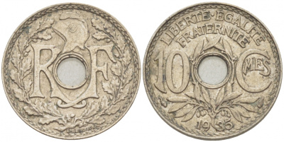 ФРАНЦИЯ 10 САНТИМОВ 1935 ТИП ЛИНДАЙЁ KM 866а, LE FRANC 138.22 медно-никель 4402-813