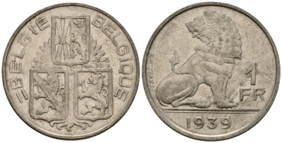 Бельгия 1 франк 1939 Belgie - Belgique KM 120 никель 217-541