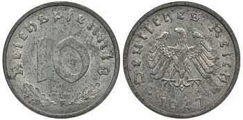 Германия 10 рейхспфеннигов 1947 F, оккупация Германии союзными войсками J. 375, KM A104 цинк UNC 4127-1235