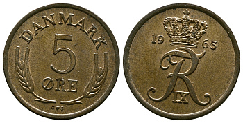 ДАНИЯ 5 ЭРЕ 1963 C; S, ФРЕДЕРИК IX (1947-1972) KM 848.1 бронза 4383-1047