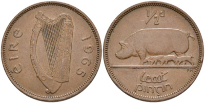 Ирландия 1/2 пенни 1965 свинья с поросятами KM 10 бронза 4561-1143