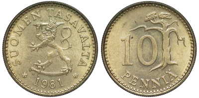 ФИНЛЯНДИЯ 10 ПЕННИ 1981 K KM 46 алюминиевая бронза 3334-1138