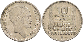 Франция 10 франков 1949 B, тип Пьер Турин KM 909.2, LE FRANC 362.7 медно-никель 4111-113