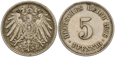 Германия 5 пфеннигов 1908 A KM 11, Jager 12, Weege 6 медно-никель  4598-1137