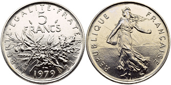 Франция 5 франков 1979 сеятель, тираж 50511 экземпляров KM 926a.1, LE FRANC 341.11 медно-никель плакированный никелем  UNC  1530-1345