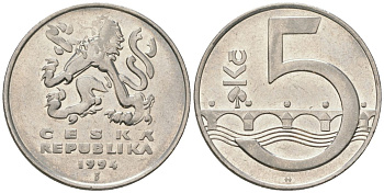 Чехия 5 крон 1994 b’, чешский лев, Карлов мост KM 8 сталь плакированная никелем 4592-123