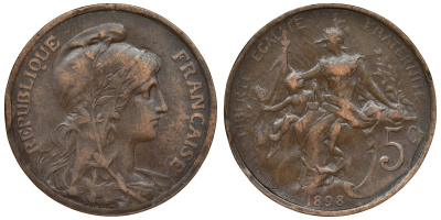 Франция 5 сантимов 1898 тип Даниэль Дюпуи KM 842, Le Franc 119.5 бронза 4128-115