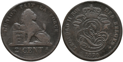 БЕЛЬГИЯ 2 САНТИМА 1870 BELGES KM 35.1 медь 4398-1056