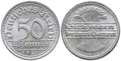 ГЕРМАНИЯ 50 ПФЕННИГОВ 1921 A KM 27, J. 301 алюминий 24-1026