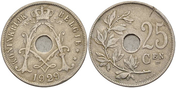 БЕЛЬГИЯ 25 САНТИМОВ 1929 BELGIE KM 69 медно-никель 4546-144
