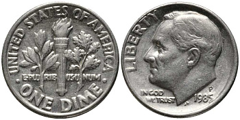 США 10 ЦЕНТОВ = 1 ДАЙМ 1985 Р, РУЗВЕЛЬТ KM 195а медь плакированная медно-никелем 112-641